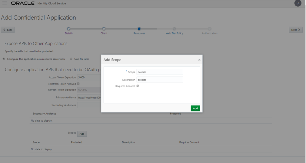 Add Application - Resource detials